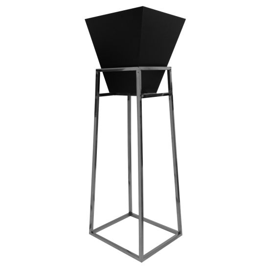53-inch tall pyramid floral urn with silver metal stand and black geometric vase top, modern pedestal for floral centerpieces.