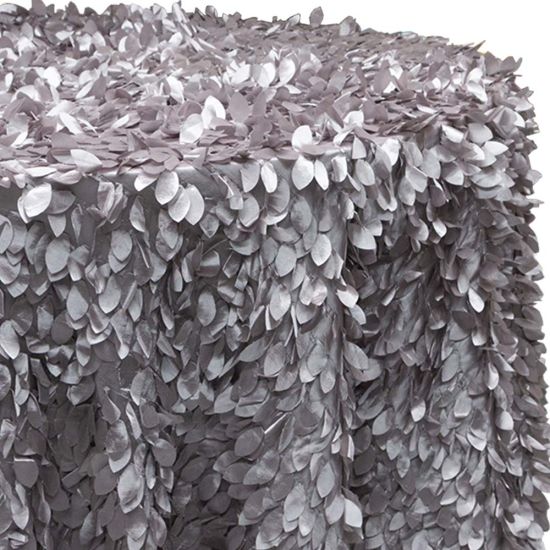 Platinum Gatsby patterned event tablecloth linen with metallic Art-Deco design for weddings, parties, and celebration tabletops.