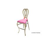 Gold Halexandria bar stool with Hot Pink cushioned seat and curved metal backrest on bar-height frame with foot-rail