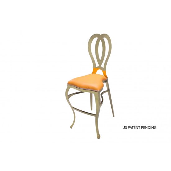 Gold Halexandria bar stool with Orange cushioned seat and curved metal backrest on bar-height frame with foot-rail