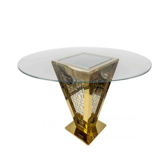 60-inch round clear glass-top high-boy cocktail table with inverted-pyramid gold-metal base from Reflection collection for upscale event rental