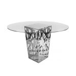 72 × 72-inch clear glass-top high-boy cocktail table with polished silver open-web stainless-steel base for luxury event rental