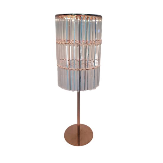 Round crystal lamp with clear faceted panels on gold stand base, glamorous event accent lighting for weddings and lounge décor.