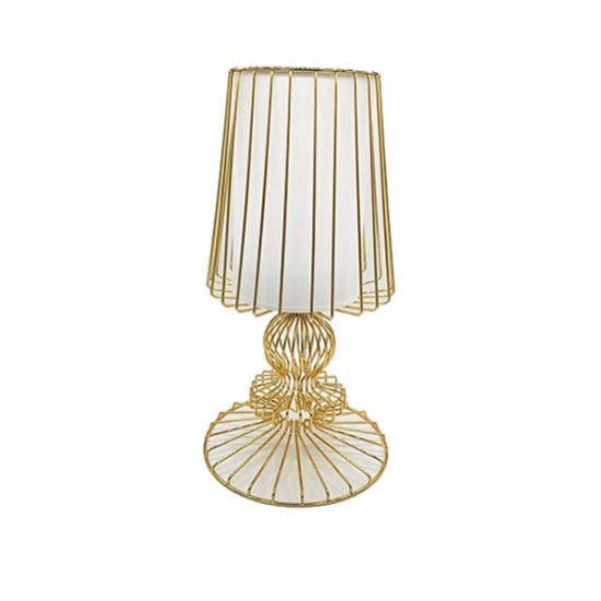 Gold wire-frame table lamp with open cage shade and round base, elegant accent lighting for weddings, lounges, and event décor styling.
