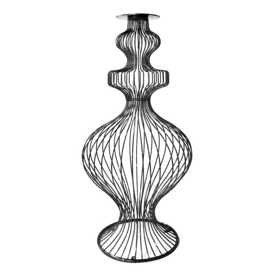 Black wire stand with sculptural bulb-shaped silhouette and open cage design, modern event decor accent pedestal for lounges and displays.