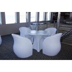 White South Beach modern accent seat with curved back and open base, sleek lounge seating rental for weddings, parties, and events.