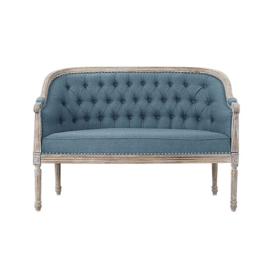 Vintage Faye loveseat with distressed wood frame and tufted dusty blue upholstery, elegant lounge seating for weddings and events.
