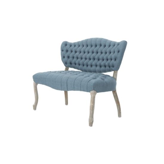 Vintage Jenny loveseat with dusty blue tufted upholstery and distressed wood legs, elegant seating for weddings, lounges, and events.