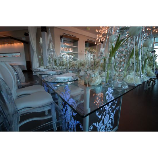 60x60" square Mirror Dior dining table with reflective mirrored top and elegant base, ideal for luxury event dining and reception décor.