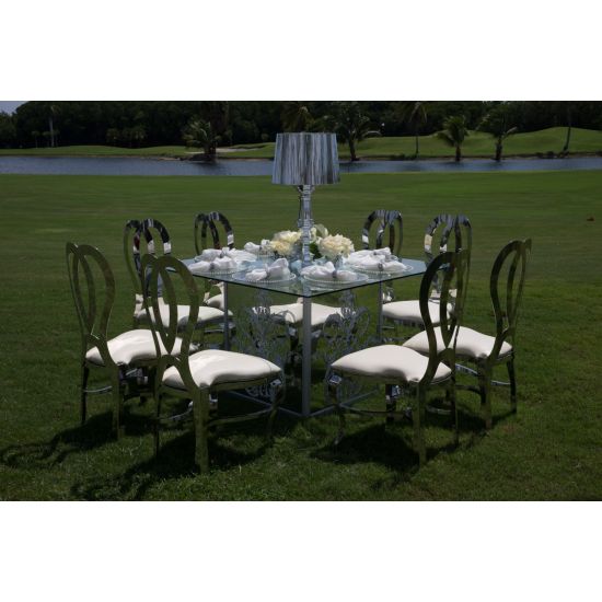 60x60" square Mirror Dior dining table with reflective mirrored top and elegant base, ideal for luxury event dining and reception décor.