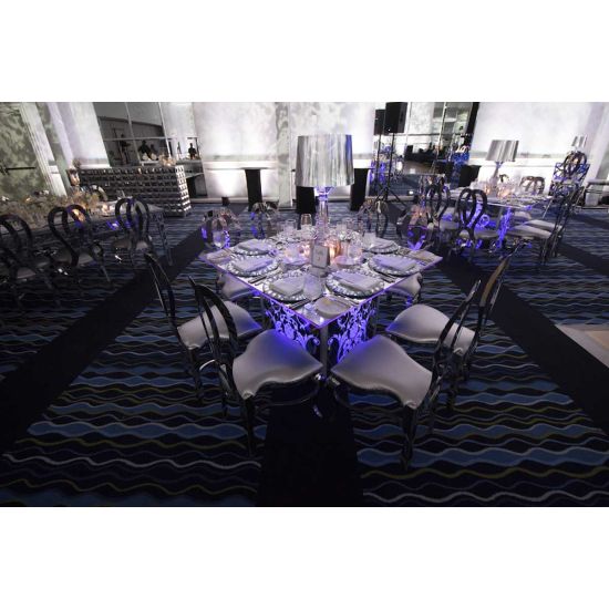 60x60" square Mirror Dior dining table with reflective mirrored top and elegant base, ideal for luxury event dining and reception décor.