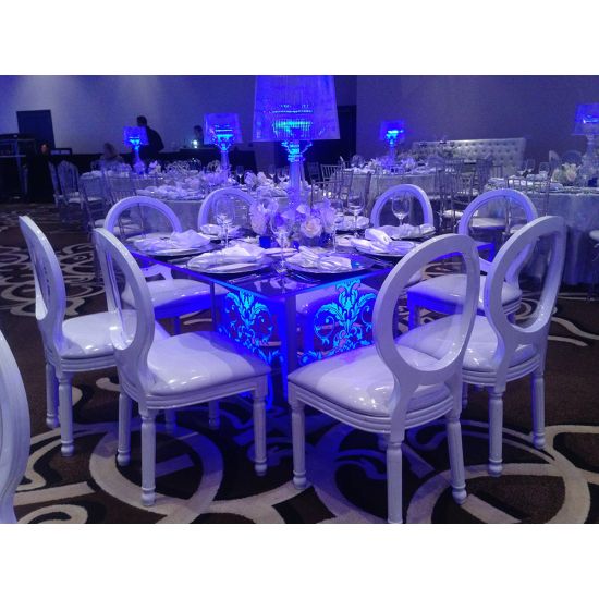 60x60" square Mirror Dior dining table with reflective mirrored top and elegant base, ideal for luxury event dining and reception décor.