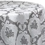Silver metallic Mosaic geometric patterned round event tablecloth with reflective tile-inspired design draped over banquet table for weddings and upscale décor