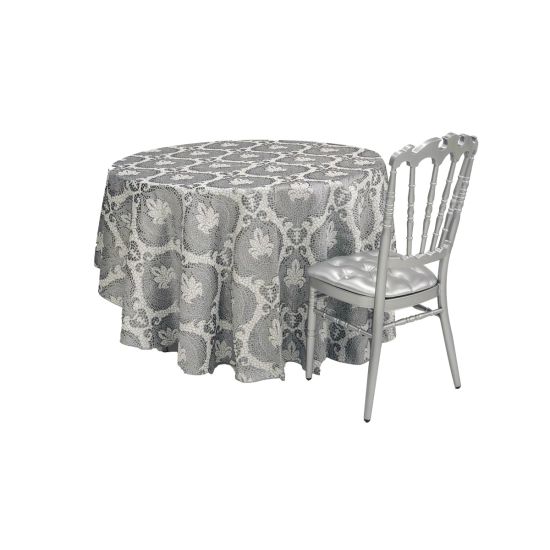 Silver metallic Mosaic geometric patterned round event tablecloth with reflective tile-inspired design draped over banquet table for weddings and upscale décor