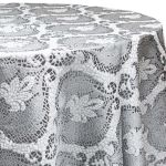Silver metallic Mosaic geometric patterned round event tablecloth with reflective tile-inspired design draped over banquet table for weddings and upscale décor