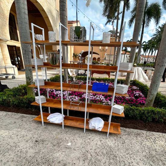 White metal frame bar-back shelving unit with natural wood shelves Edwines Bar Back Natural White for luxury event bar displays