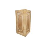 Natural wood colonial-style pedestal column with paneled cabinet-like design, rustic event decor display stand for weddings and props.