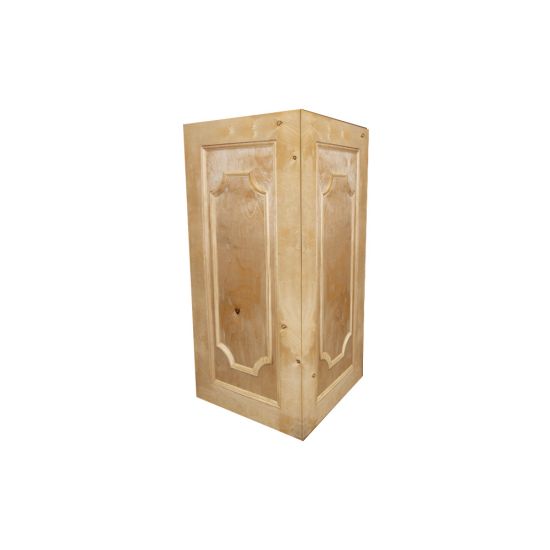 Natural wood colonial-style pedestal column with paneled cabinet-like design, rustic event decor display stand for weddings and props.