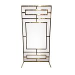 Gold geometric screen with white center panel and art deco line design, freestanding backdrop for weddings, lounges, and event décor.