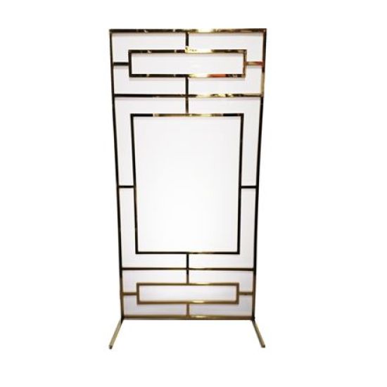 Gold geometric screen with white center panel and art deco line design, freestanding backdrop for weddings, lounges, and event décor.