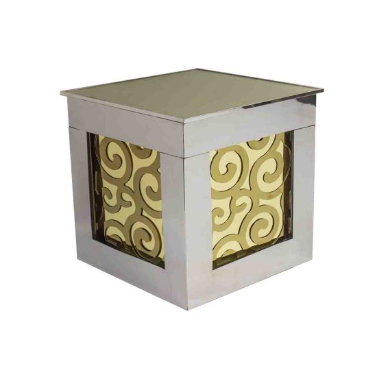 Stainless steel laser‐cut wave ottoman 18″ × 18″ × 18″ with sculptural wave‐pattern base and metallic finish for modern luxury event lounge décor