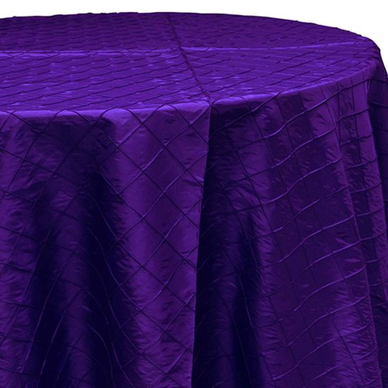 amethyst purple pintuck round event tablecloth linen with textured pleated pattern for weddings, parties and special occasion décor rentals