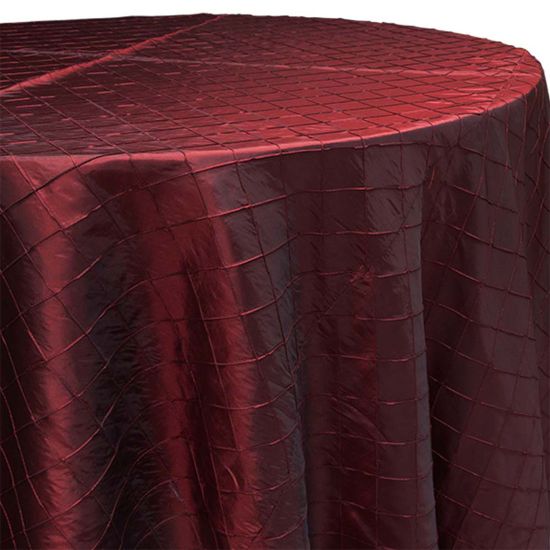 burgundy pintuck round event tablecloth linen with textured pleated pattern for weddings, parties and special occasion décor rentals