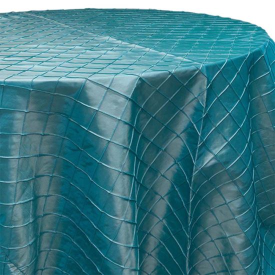 new turquoise pintuck round event tablecloth linen with textured pleated pattern for weddings, parties and special occasion décor rentals