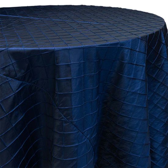 royal blue pintuck round event tablecloth linen with textured pleated pattern for weddings, parties and special occasion décor rentals