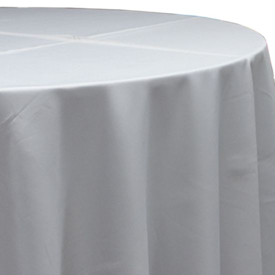 gray polyester round event tablecloth linen with smooth solid fabric for weddings, parties, banquets and special occasion décor rentals