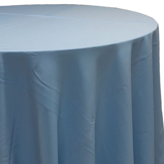 light blue polyester round event tablecloth linen with smooth solid fabric for weddings, parties, banquets and special occasion décor rentals