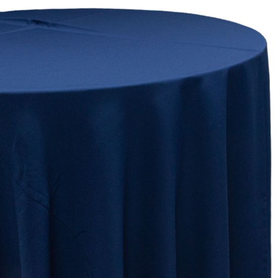 navy blue polyester round event tablecloth linen with smooth solid fabric for weddings, parties, banquets and special occasion décor rentals