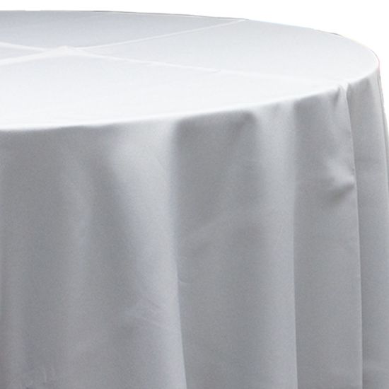 new silver polyester round event tablecloth linen with smooth light gray-silver solid fabric for weddings, parties, banquets and special occasion décor rentals