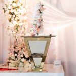 48 × 48 inch glass top high boy cocktail table with mirrored gold inverted pyramid stainless steel base for luxury event rental