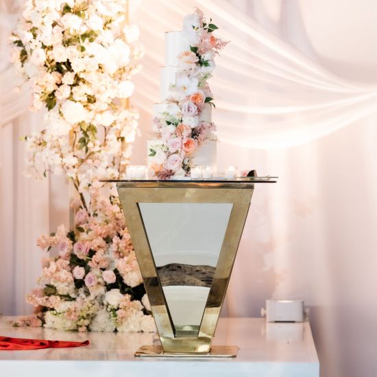 48 × 48 inch glass top high boy cocktail table with mirrored gold inverted pyramid stainless steel base for luxury event rental