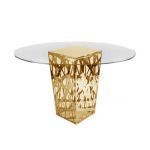 60 × 60-inch clear glass-top high-boy cocktail table with open-web polished gold metal base for upscale event rental