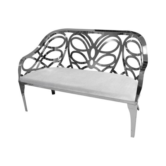 Reflection butterfly loveseat with silver metal cutout backrest and White velvet seat cushion, elegant modern seating for upscale events.