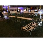 Silver mirrored butterfly reflection sofa with curved Art Deco backrest and White cushion, elegant luxury lounge seating for weddings and events.