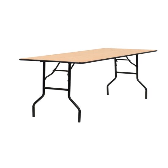medium wood-tone rectangular banquet table with rugged metal folding legs for versatile event rental use