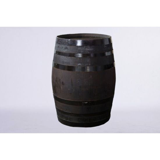 Rustic wooden barrel with metal bands and aged finish, western decor rental for events, photo setups, and cocktail styling.