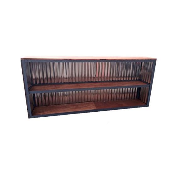 8-foot corrugated-metal front Urban Bar rental unit with industrial urban finish for modern event cocktail stations
