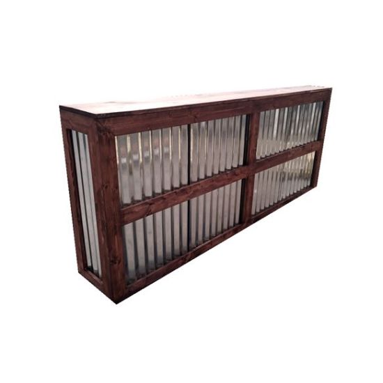 8-foot corrugated-metal front Urban Bar rental unit with industrial urban finish for modern event cocktail stations