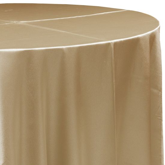 gold satin round event tablecloth linen with shiny smooth fabric for weddings, parties, banquets and special occasion décor rentals