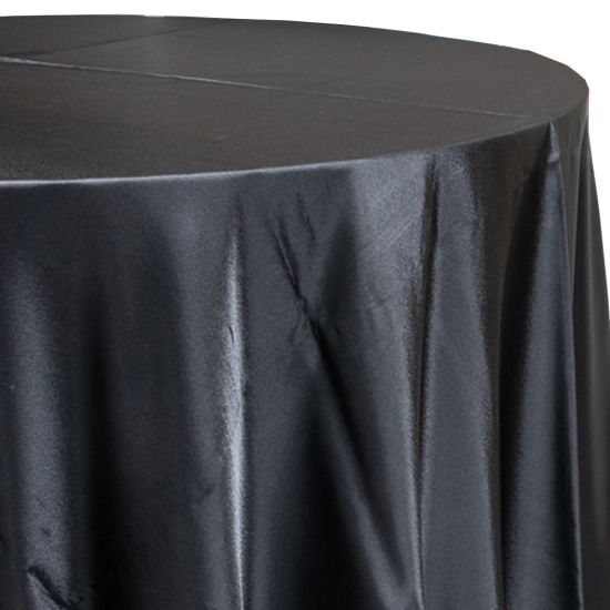 black satin round event tablecloth linen with lustrous smooth fabric for weddings, parties, banquets and special occasion décor rentals