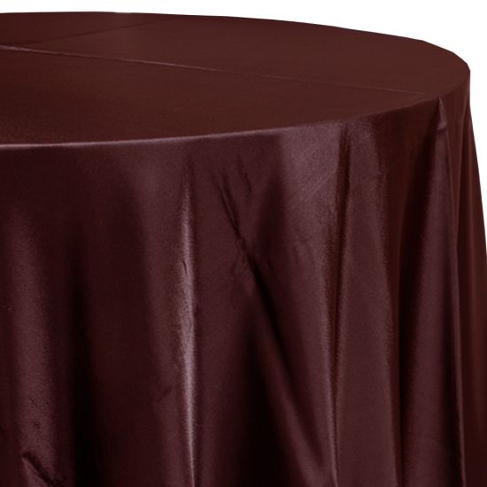 burgundy satin round event tablecloth linen with lustrous smooth fabric for weddings, parties, banquets and special occasion décor rentals