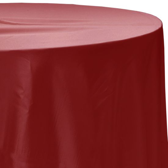 C-red satin round event tablecloth linen with lustrous smooth fabric for weddings, parties, banquets and special occasion décor rentals