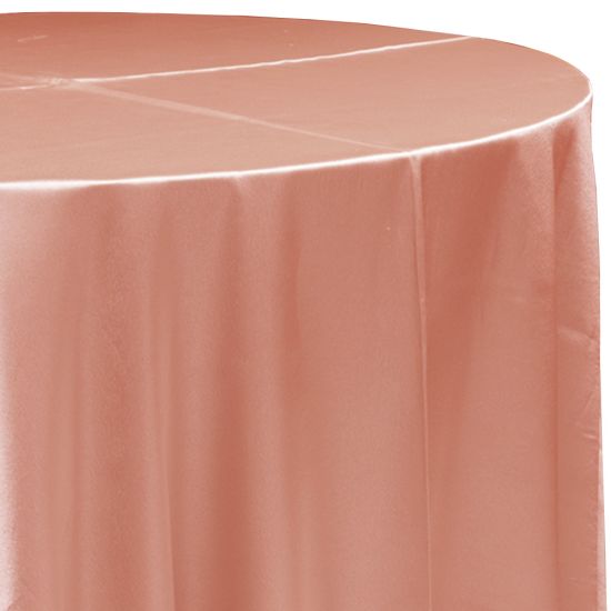 coral satin round event tablecloth linen with lustrous smooth fabric for weddings, parties, banquets and special occasion décor rentals