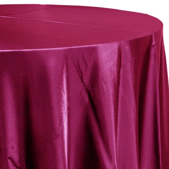 fuchsia satin round event tablecloth linen with lustrous smooth fabric for weddings, parties, banquets and special occasion décor rentals