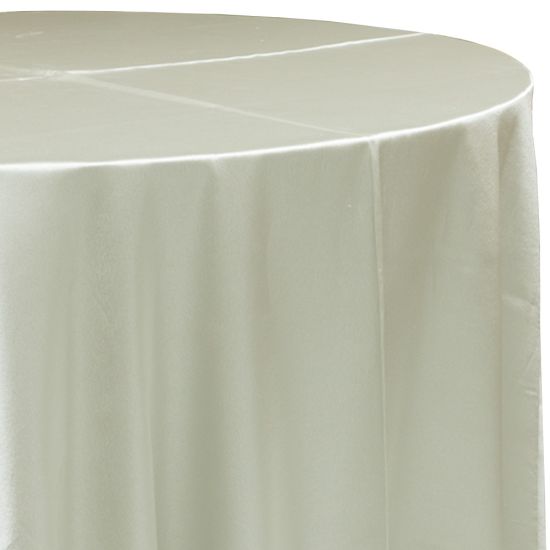 ivory satin round event tablecloth linen with lustrous smooth fabric for weddings, parties, banquets and special occasion décor rentals