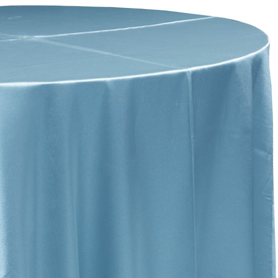 light blue satin round event tablecloth linen with lustrous smooth fabric for weddings, parties, banquets and special occasion décor rentals